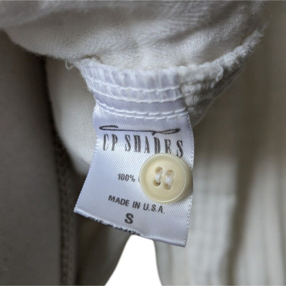 CP Shades Ivory Smocked Cotton Gauze Button Down Shirt Size Small V Neck Collar - Picture 4 of 8